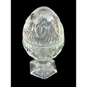 Vtg 1980s Avon Clear Glass Pedestal Egg Candle Holder/Trinket Box 5" Tall